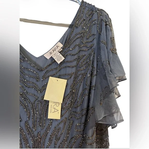 J Kara Dusty Blue Beaded Flutter Sleeve Maxi Gown – Elegant Formal Evening Dress - Picture 5 of 9